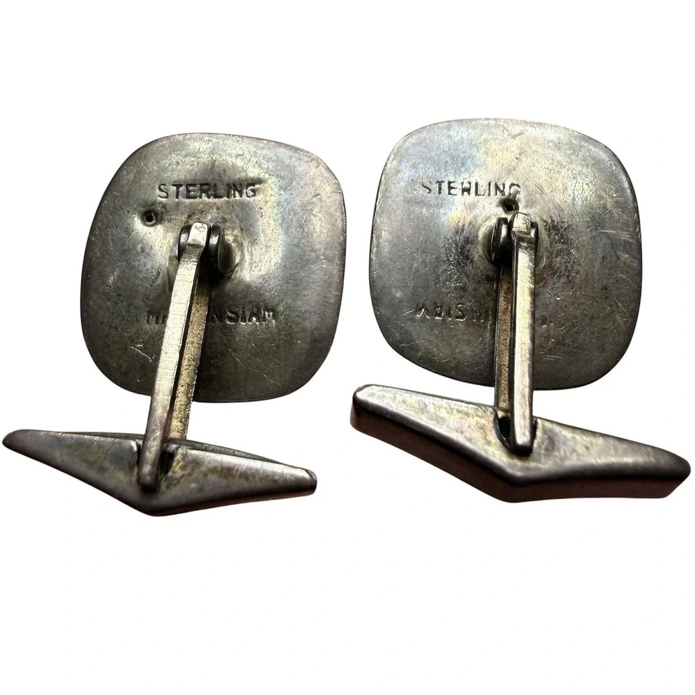 Vintage Sterling Silver Siam Niello Cufflinks Goddess Mekkala Thailand Square